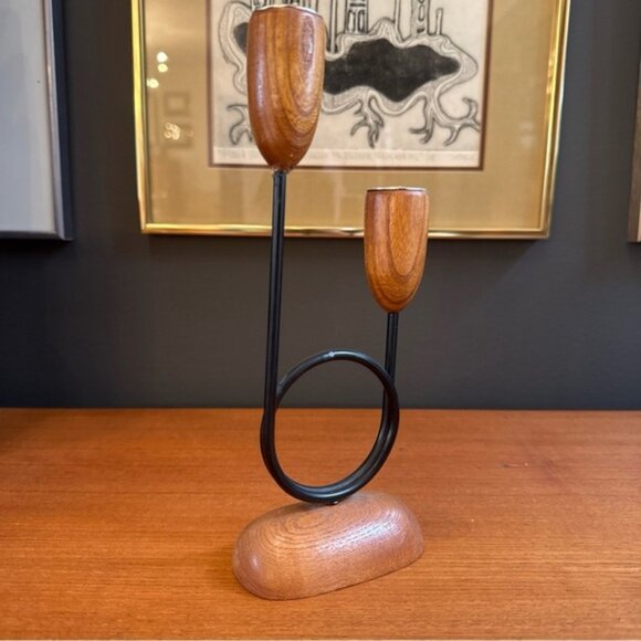 Giftcraft Vintage Teak and Iron Candle Holders 9H - Picture 9 of 10